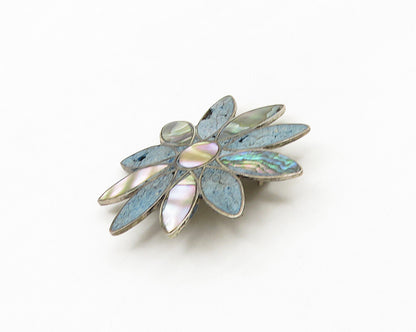 MEXICO 925 Silver  Vintage Abalone Shell & Turquoise Flower Brooch Pin  BP7119