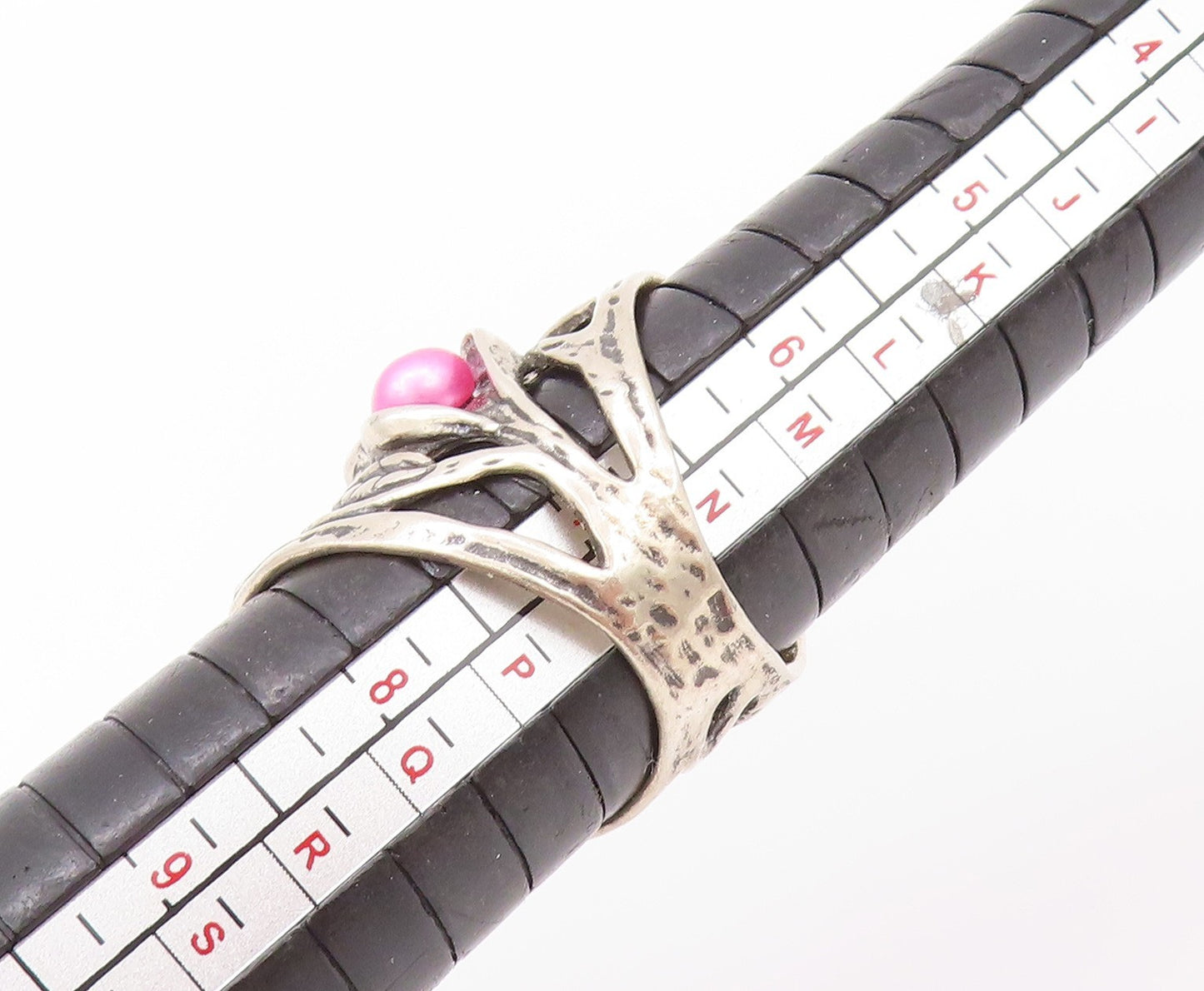 925 Sterling Silver Vintage Ring ISRAEL Pink Pearls Brutalist Cut  Sz 7  RG32406