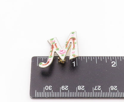 925 Sterling Silver Vintage Brooch Pin Guilloche Enamel Floral M Initial BP12489