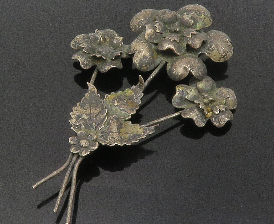 925 Sterling Silver  Vintage Antique Oxidized Flower Bunch Brooch Pin  BP5371