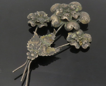 925 Sterling Silver  Vintage Antique Oxidized Flower Bunch Brooch Pin  BP5371
