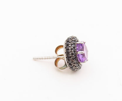 925 Sterling Silver Vintage Earrings Round Amethyst & Halo Spinel Studs  EG14146