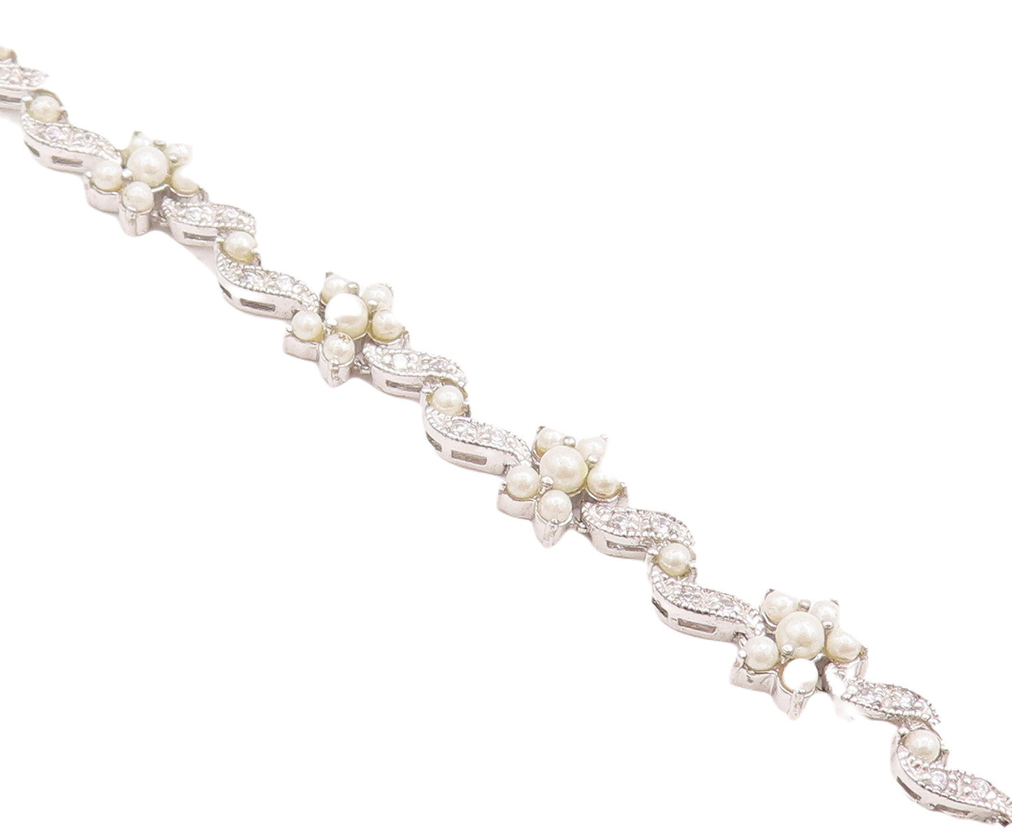 925 Sterling Silver Vintage Bracelet Cutout Pearls & CZ Inlay Flowers  BT10634