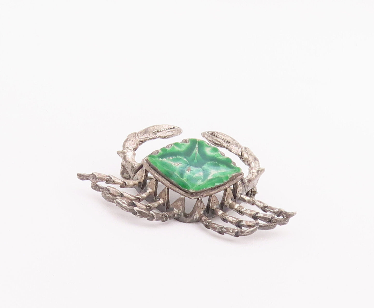 925 Sterling Silver Vintage Brooch Pin Solid Carved Green Enameled Crab  BP10781