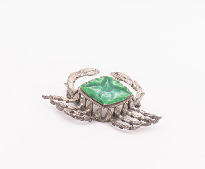 925 Sterling Silver Vintage Brooch Pin Solid Carved Green Enameled Crab  BP10781