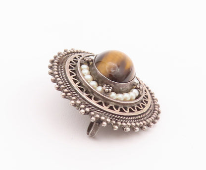 925 Sterling Silver Vintage Brooch Pin ISRAEL Tiger's Eye Swirly Carved  BP10748