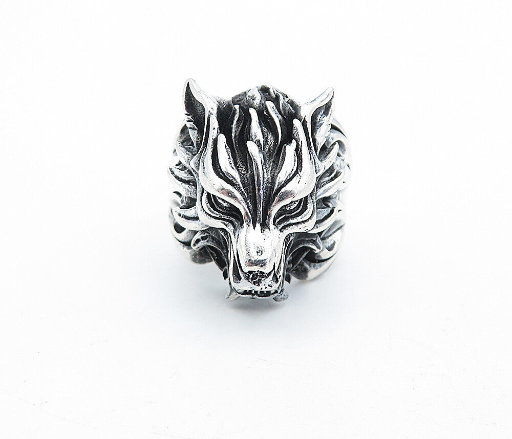 925 Sterling Silver  Vintage Sculpted Wolf's Head Cocktail Ring Sz 8  RG7006