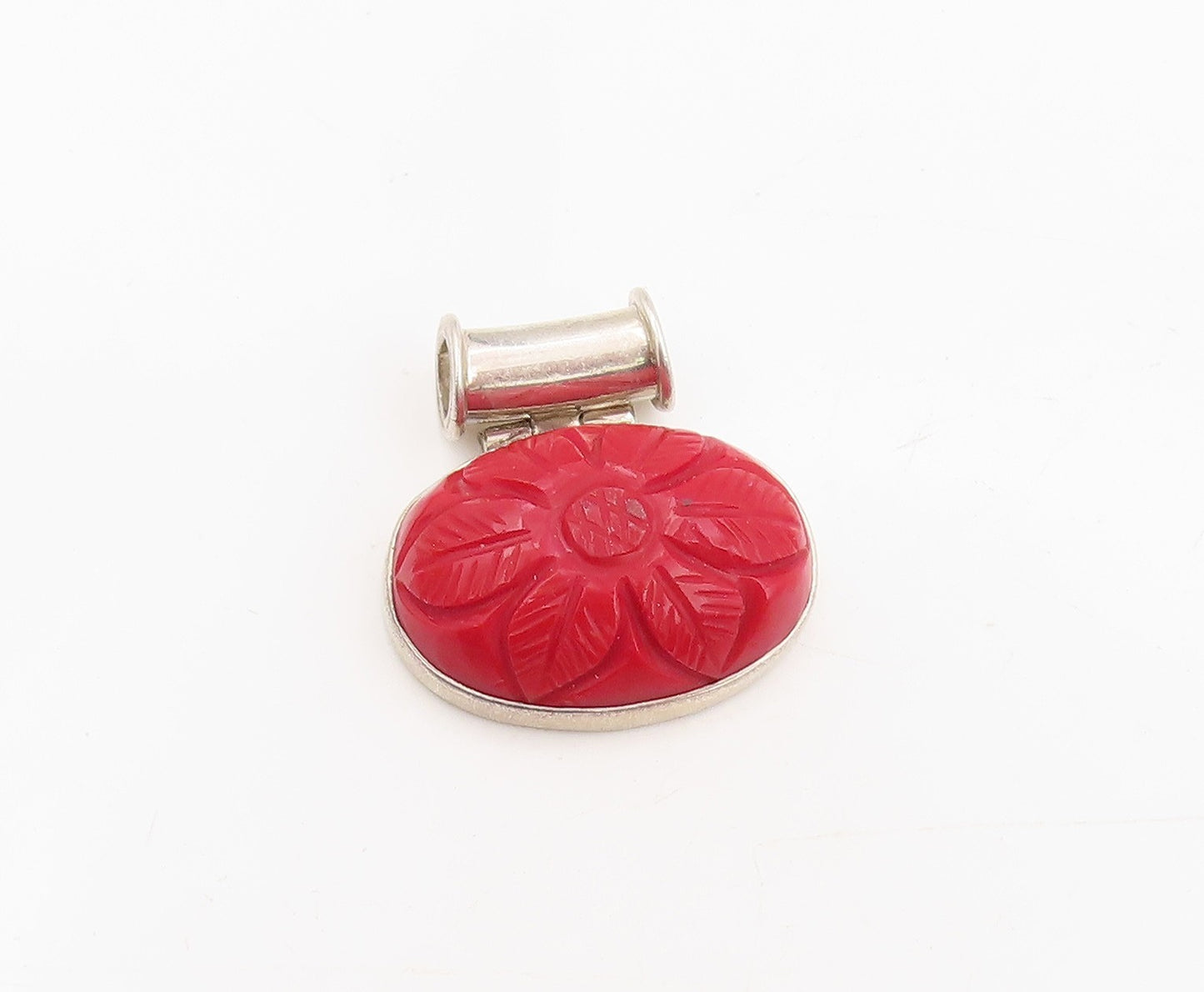 925 Sterling Silver Vintage Pendant Modernist Carved Floral Petal Charm  PT25325