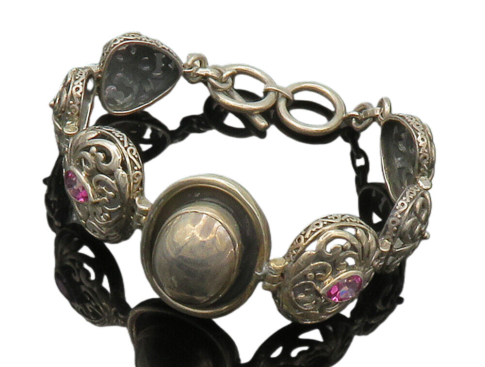 925 Sterling Silver  Vintage Pink Topaz Floral Hinge Chain Bracelet  BT5900