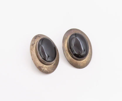 925 Sterling Silver Vintage Earrings NAVAJO RICK WERITO Cabochon Onyx  EG13669