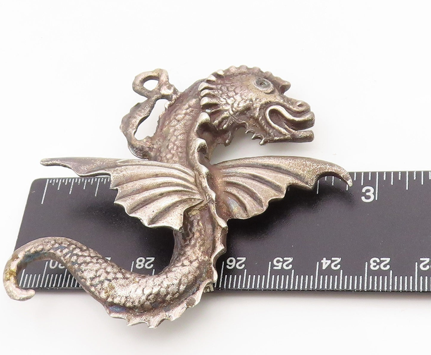 925 Sterling Silver Vintage Brooch Antique Etched Flying Dragon Pin  BP12115