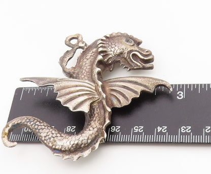 925 Sterling Silver Vintage Brooch Antique Etched Flying Dragon Pin  BP12115