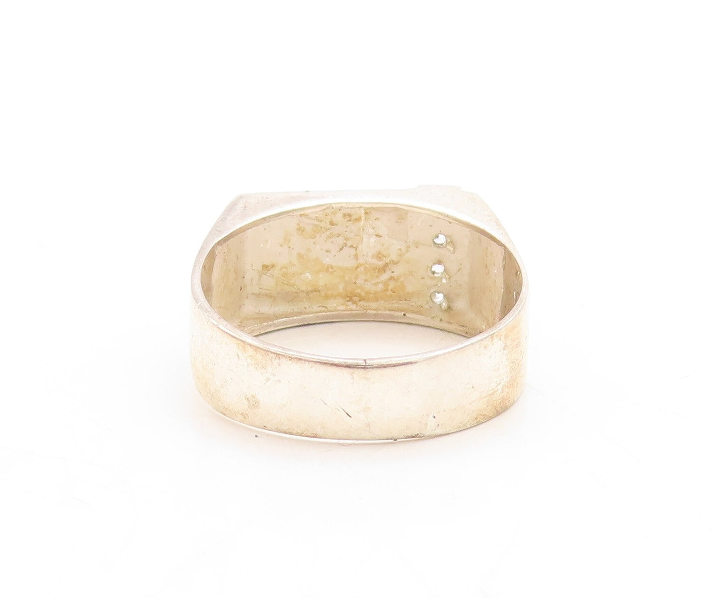 14k Gold 925 Sterling Silver Vintage Ring Solid Carved K CZ Inlay Sz 9.5 RG31520