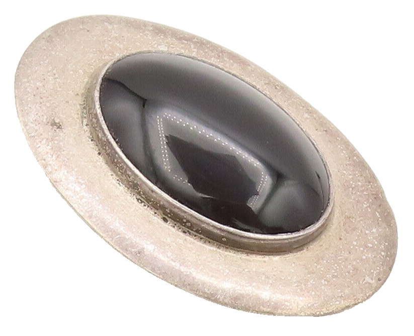 925 Sterling Silver Vintage Brooch Pin Minimalist Oval Cabochon Onyx  BP10579
