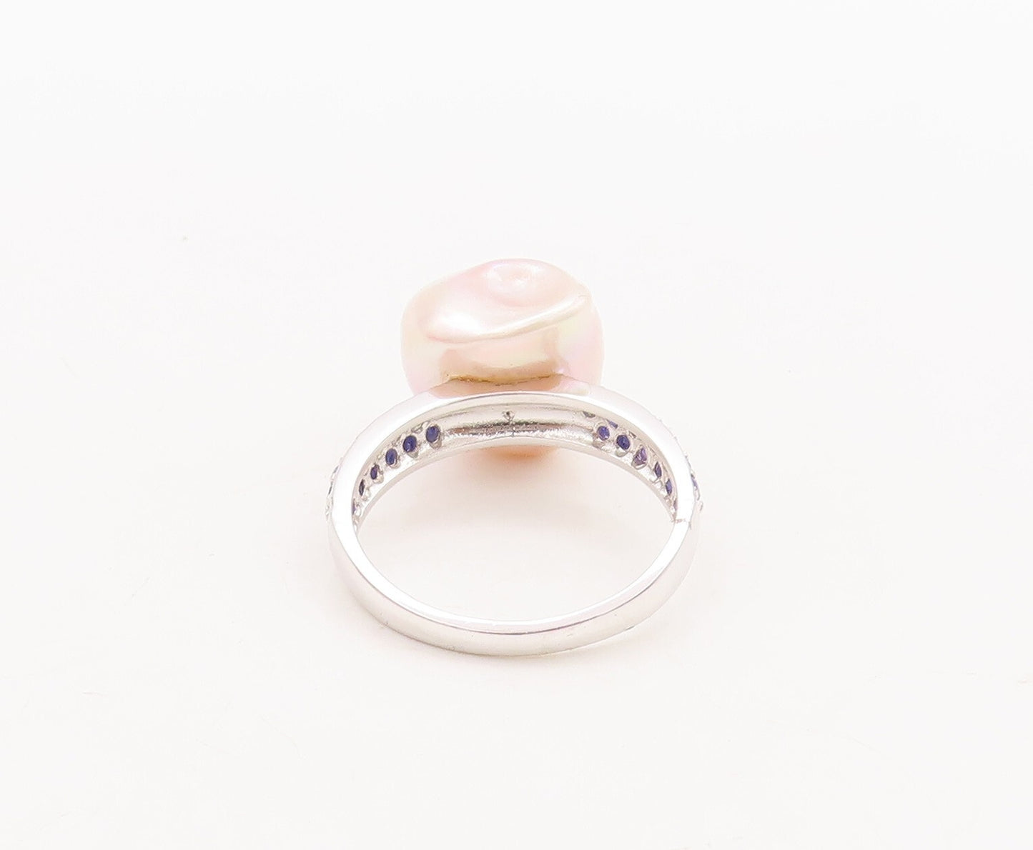 925 Sterling Silver Vintage Ring Amorphas Pearl Sapphire Inlay Band Sz 8 RG29567