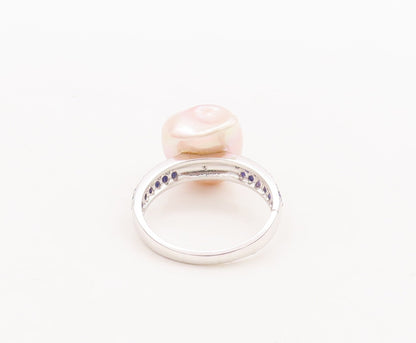 925 Sterling Silver Vintage Ring Amorphas Pearl Sapphire Inlay Band Sz 8 RG29567