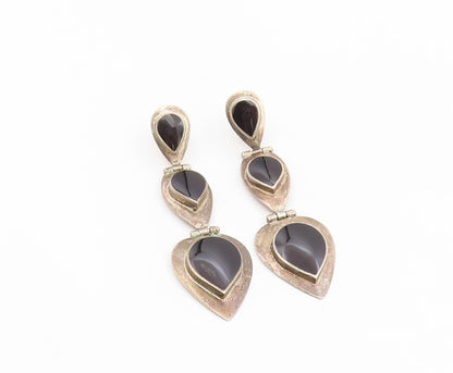 925 Sterling Silver Vintage Earrings Cabochon Black Onyx Teardrop Dangle EG13983