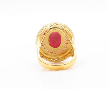925 Sterling Silver Vintage Ring Gold Plated Oval Ruby & Garnet  Sz 5.5  RG32557