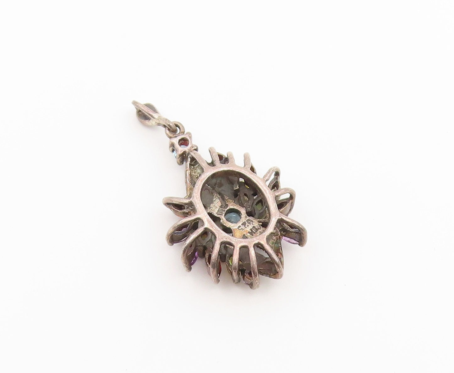 925 Sterling Silver Vintage Pendant Classic Multi Gemstone Floral Charm  PT26614