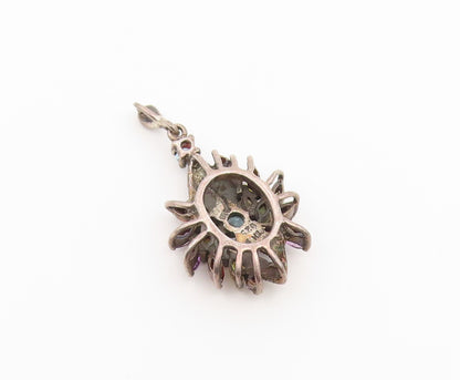 925 Sterling Silver Vintage Pendant Classic Multi Gemstone Floral Charm  PT26614