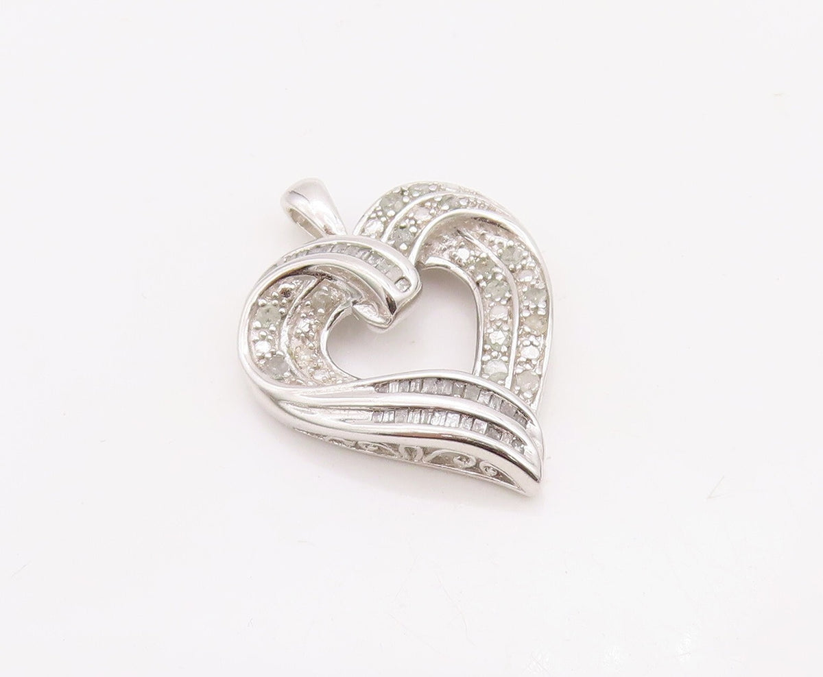 925 Sterling Silver Vintage Pendant Real Diamonds Inlay Cutout Heart  PT23508
