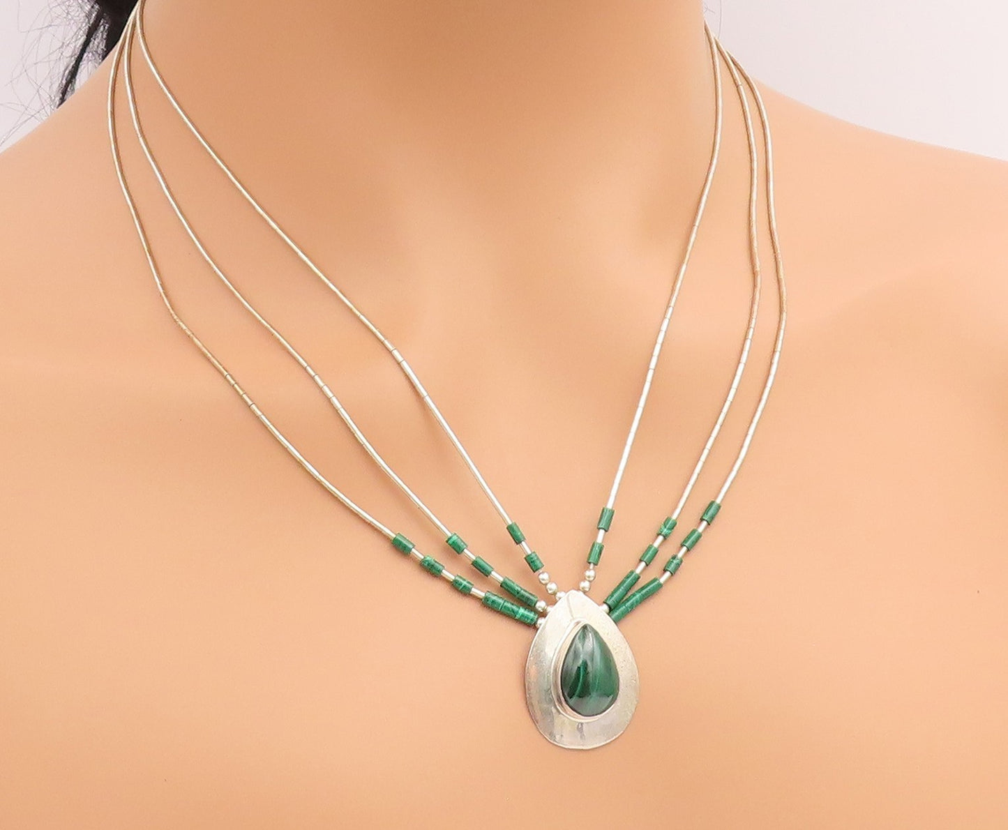 925 Sterling Silver Vintage Necklace NAVAJO ZUNI Malachite Teardrop Chain NE4904