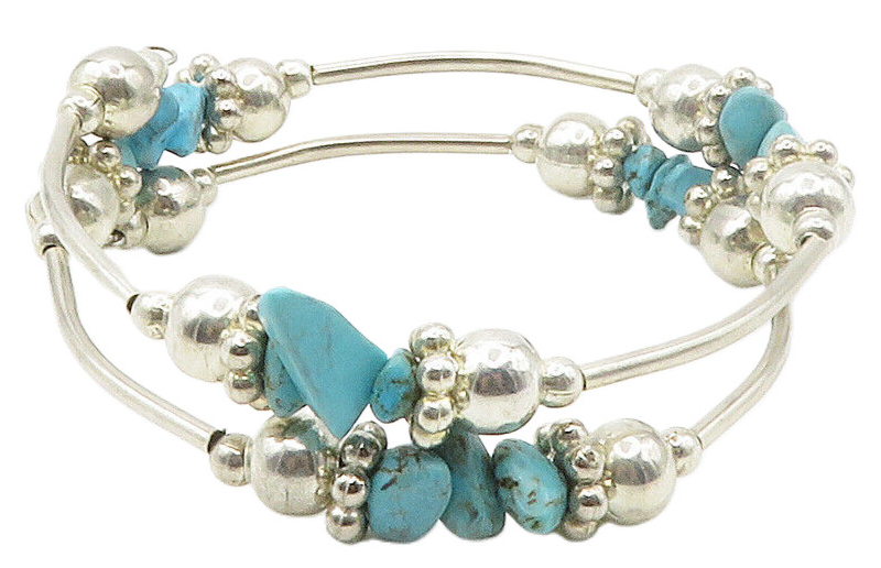 925 Sterling Silver  Vintage Turquoise Beaded Shiny Chain Bracelet  BT5973