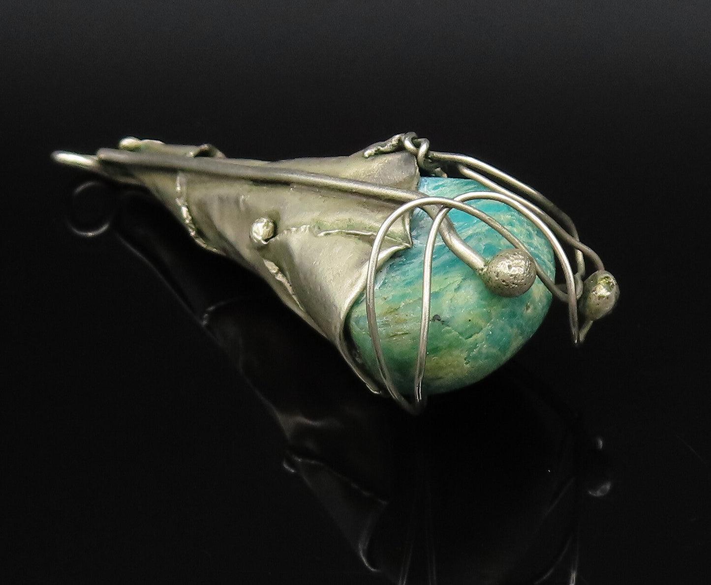 925 Silver  Vintage Modernist Wrapped Green Jasper Stone Cone Pendant  PT21613