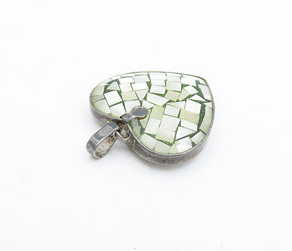 925 Sterling Silver  Vintage Mother Of Pearl Mosaic Love Heart Pendant  PT2559