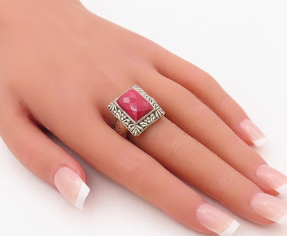 925 Sterling Silver Vintage Ring Red Gemstone Floral Fame Carved  Sz 8  RG30765