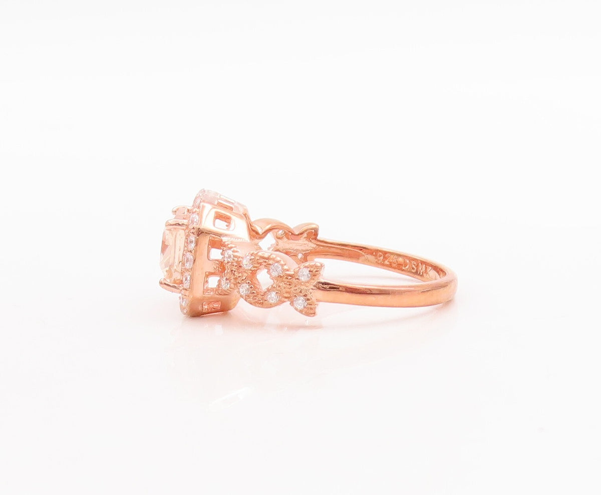 925 Sterling Silver Vintage Ring Rose Gold Plated Morganite & CZ  Sz 7  RG29423