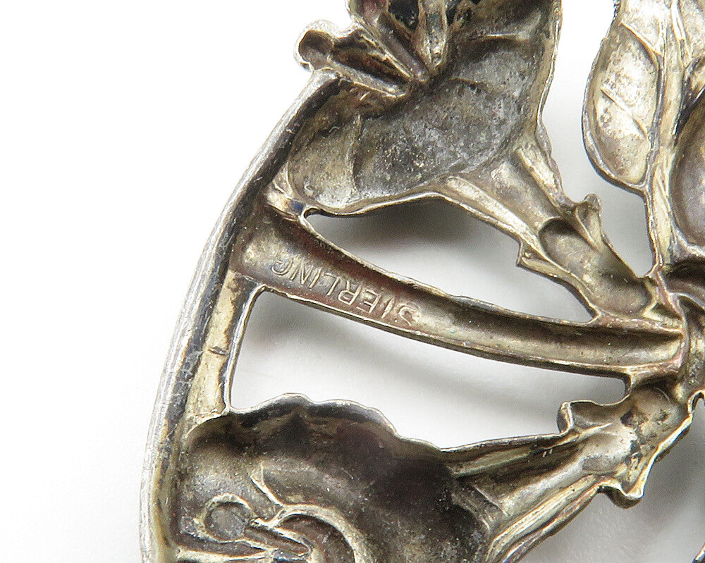 925 Sterling Silver  Vintage Oxidized Floral Motif Oval Brooch Pin  BP5427