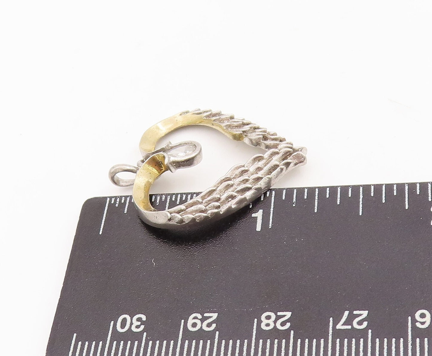 925 Sterling Silver Vintage Pendant Drop Cut Topaz Carved Wings Heart  PT23447