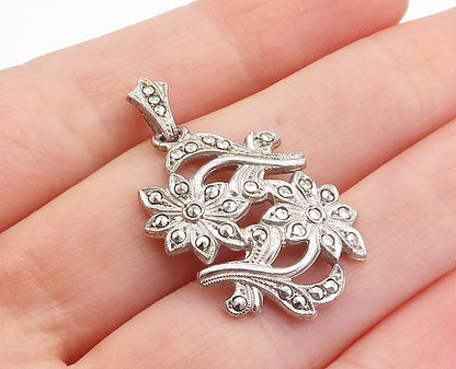 925 Sterling Silver  Vintage Shiny Sparkling Floral Motif Drop Pendant  PT3237