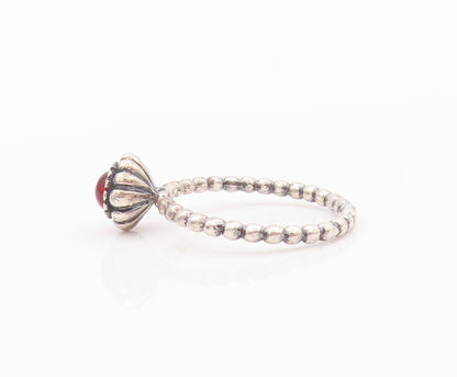925 Sterling Silver Vintage Ring Red Cabochon Gemstone Flower  SZ 8  RG32236