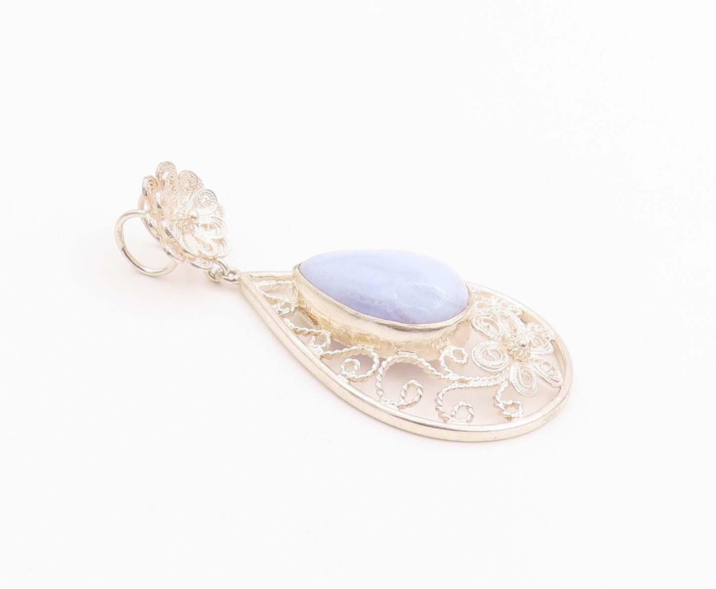 925 Sterling Silver Vintage Pendant Drop Shape Gemstone Swirly Wire Work PT24354