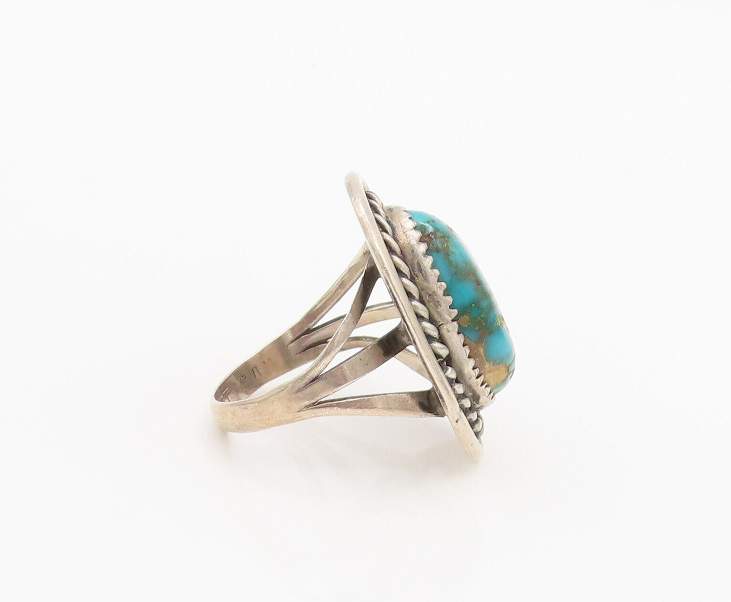 ZUNI NAVAJO 925 Silver  Vintage Turquoise Halo Carved Rope Ring Sz 10  RG27000