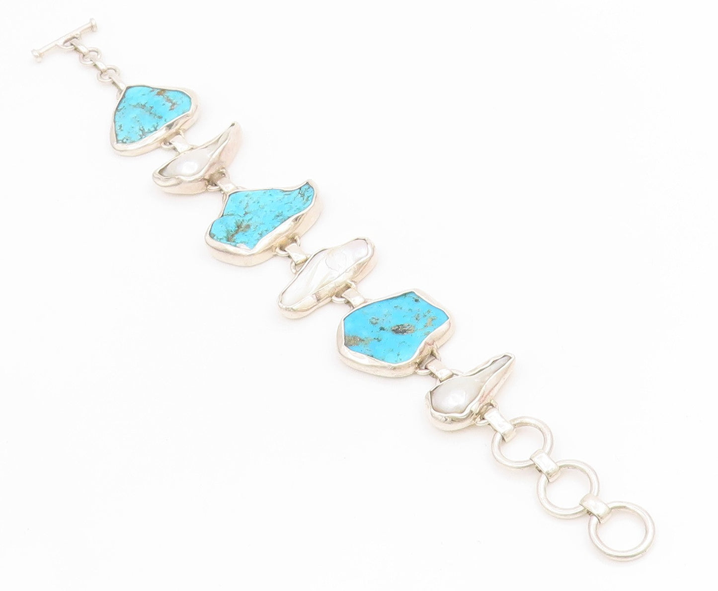 925 Sterling Silver Vintage Bracelet Modernist Pearl & Turquoise Link  BT11637