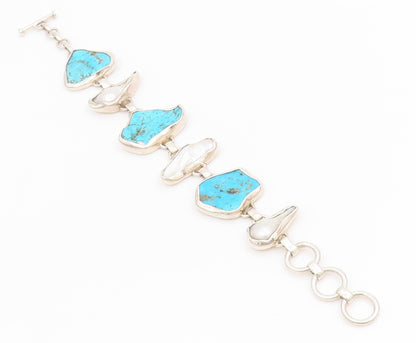 925 Sterling Silver Vintage Bracelet Modernist Pearl & Turquoise Link  BT11637