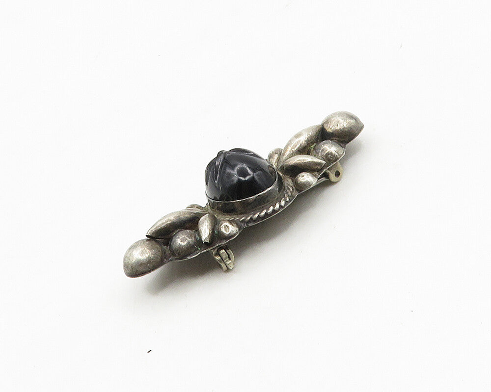 EDR MEXICO 925 Silver  Vintage Face Carved Black Onyx Brooch Pin  BP7062