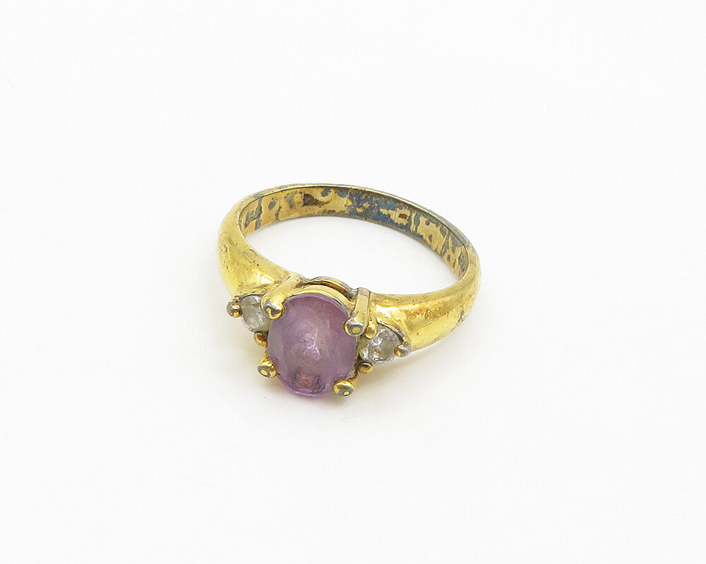 925 Silver   Vintage Amethyst & Topaz Gold Plated Band Ring Sz 7  RG19430