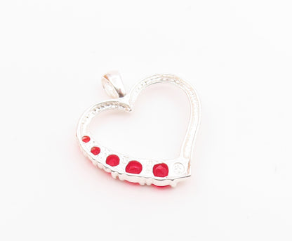 925 Sterling Silver  Vintage Red Stone Open Love Heart Shiny Pendant  PT18985