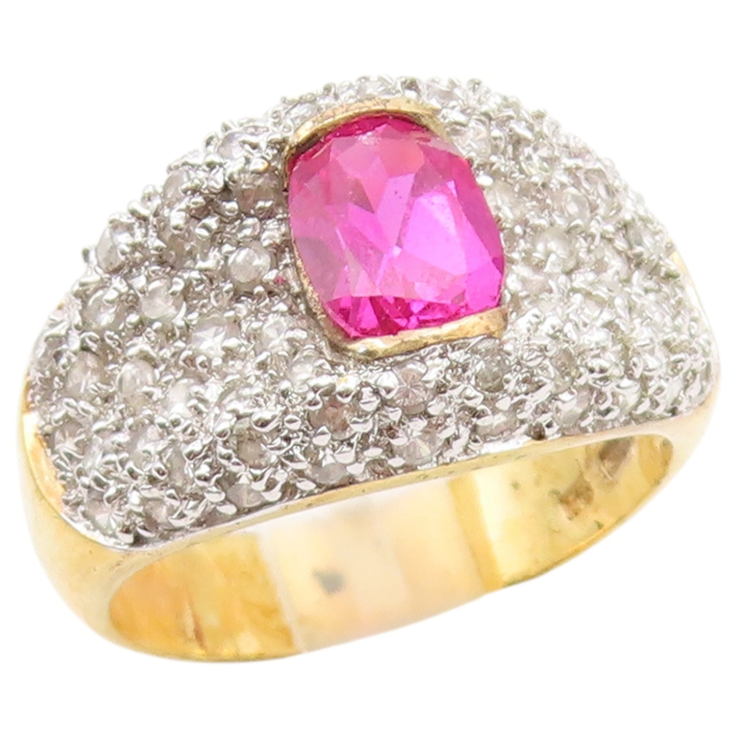 925 Sterling Silver Vintage Ring Gold Plated Ruby & CZ Pave Band  Sz 9  RG36910