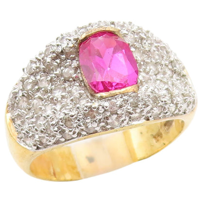 925 Sterling Silver Vintage Ring Gold Plated Ruby & CZ Pave Band  Sz 9  RG36910