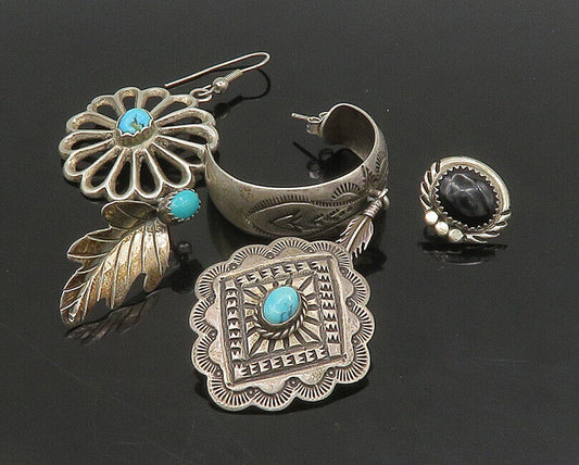 ZUNI NAVAJO 925 Silver  Vintage Turquoise & Onyx Lot Single Earrings  EG11255