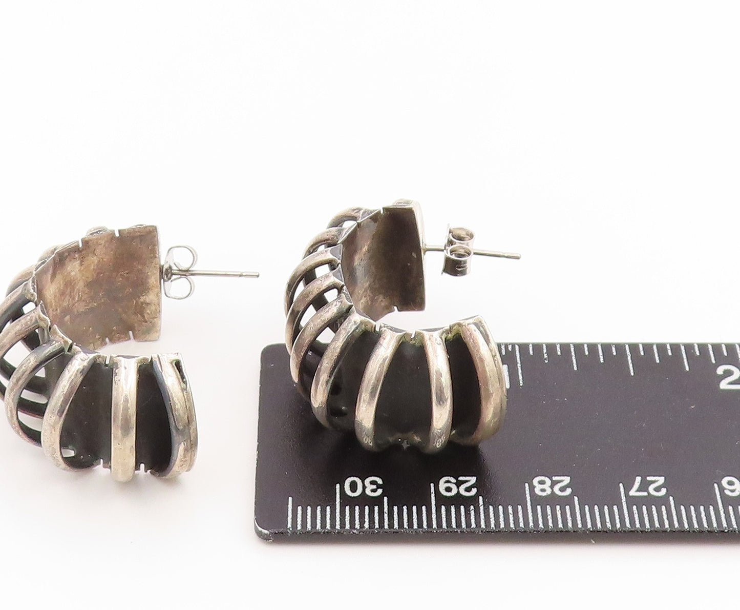 925 Sterling Silver Vintage Earrings MEXICO Classic Ribbed Wide Hoops  EG14264
