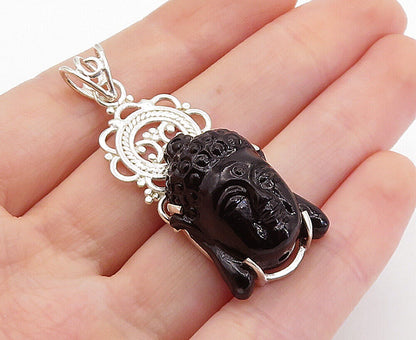 925 Sterling Silver  Face Carved Obsidian Shiny Swirl Bail Pendant  PT5915