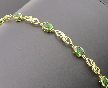 925 Sterling Silver Vintage Bracelet Swirly Cut Gold Plated Green Topaz  BT10243