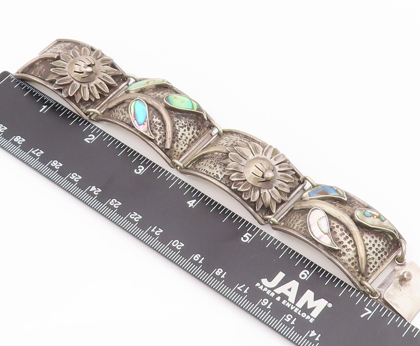 925 Sterling Silver Vintage Bracelet MEXICO Designer Sunflower & Abalone BT10434