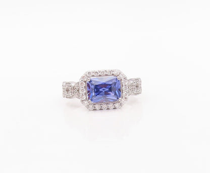 925 Sterling Silver Vintage Ring Rectangle Cut Sapphire Halo CZ  Sz 7  RG30138